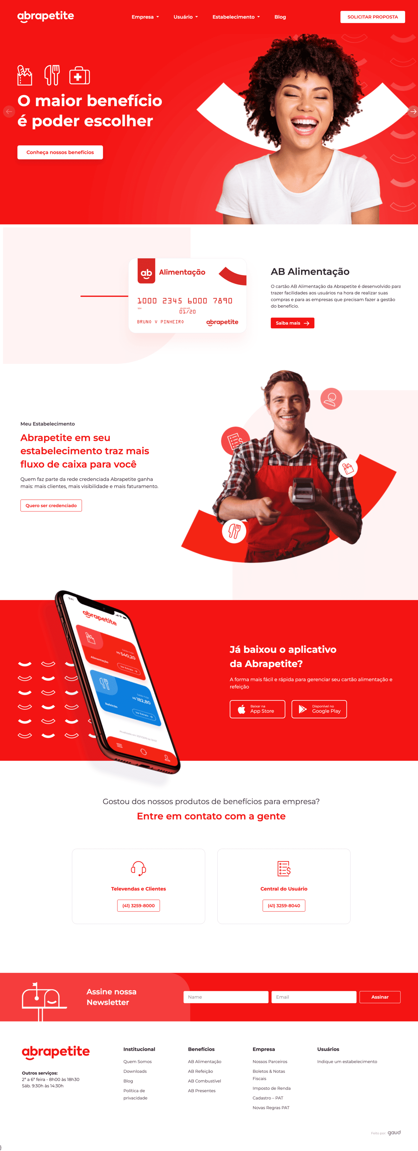 Página completa do site da Abrapetite com benefícios, estabelecimentos, aplicativo e canais de contato