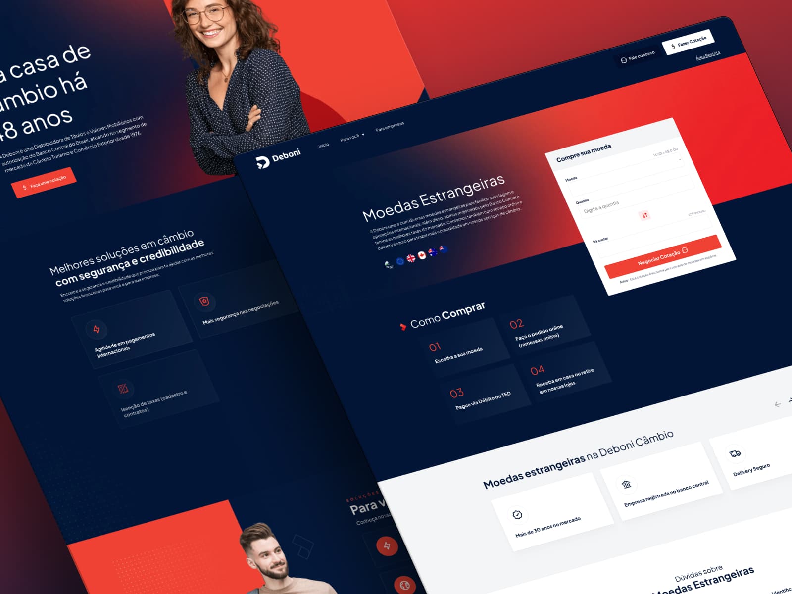 Composição das páginas e da interface de cotação da Deboni Câmbio