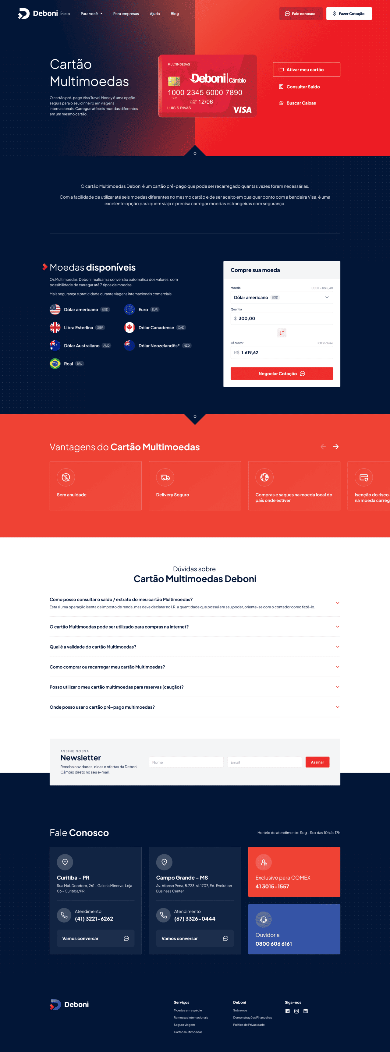 Página do site da Deboni Câmbio com cartão multimoedas, cotação, vantagens e canais de atendimento