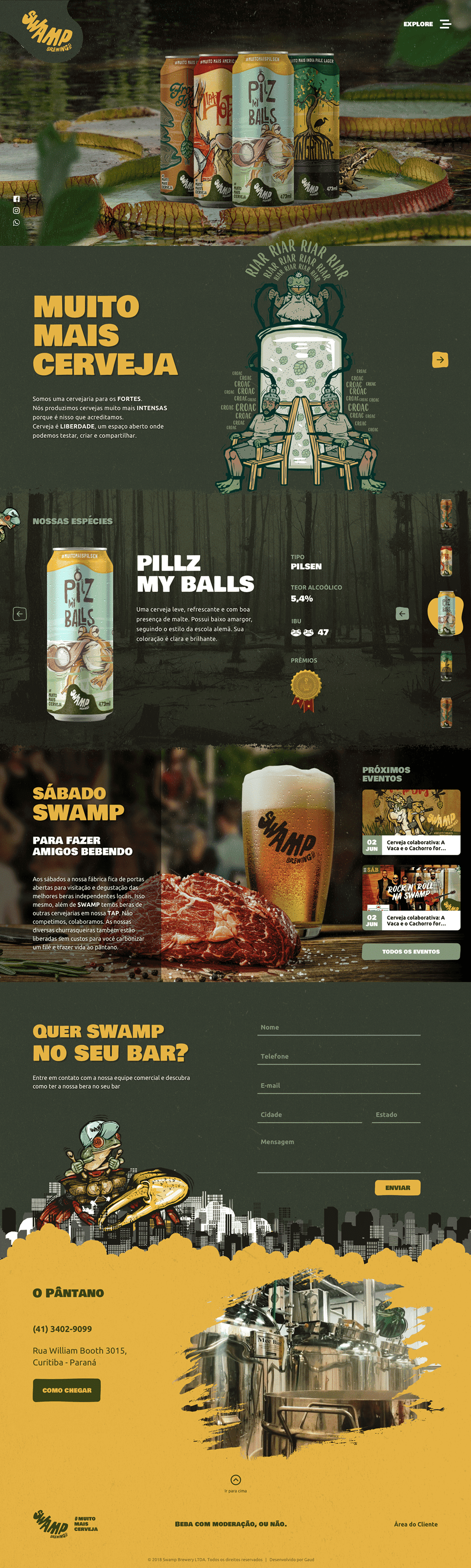 Página completa do site da Swamp Brewing com cervejas, universo da marca, eventos e contato