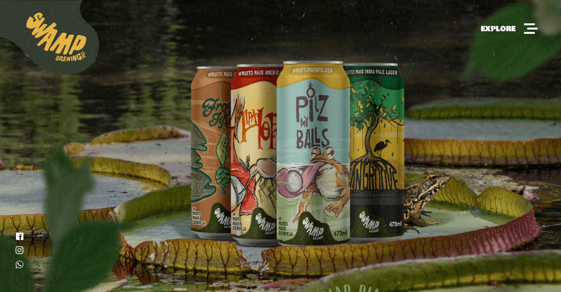 Site da Swamp Brewing com seus rótulos em uma paisagem de pântano