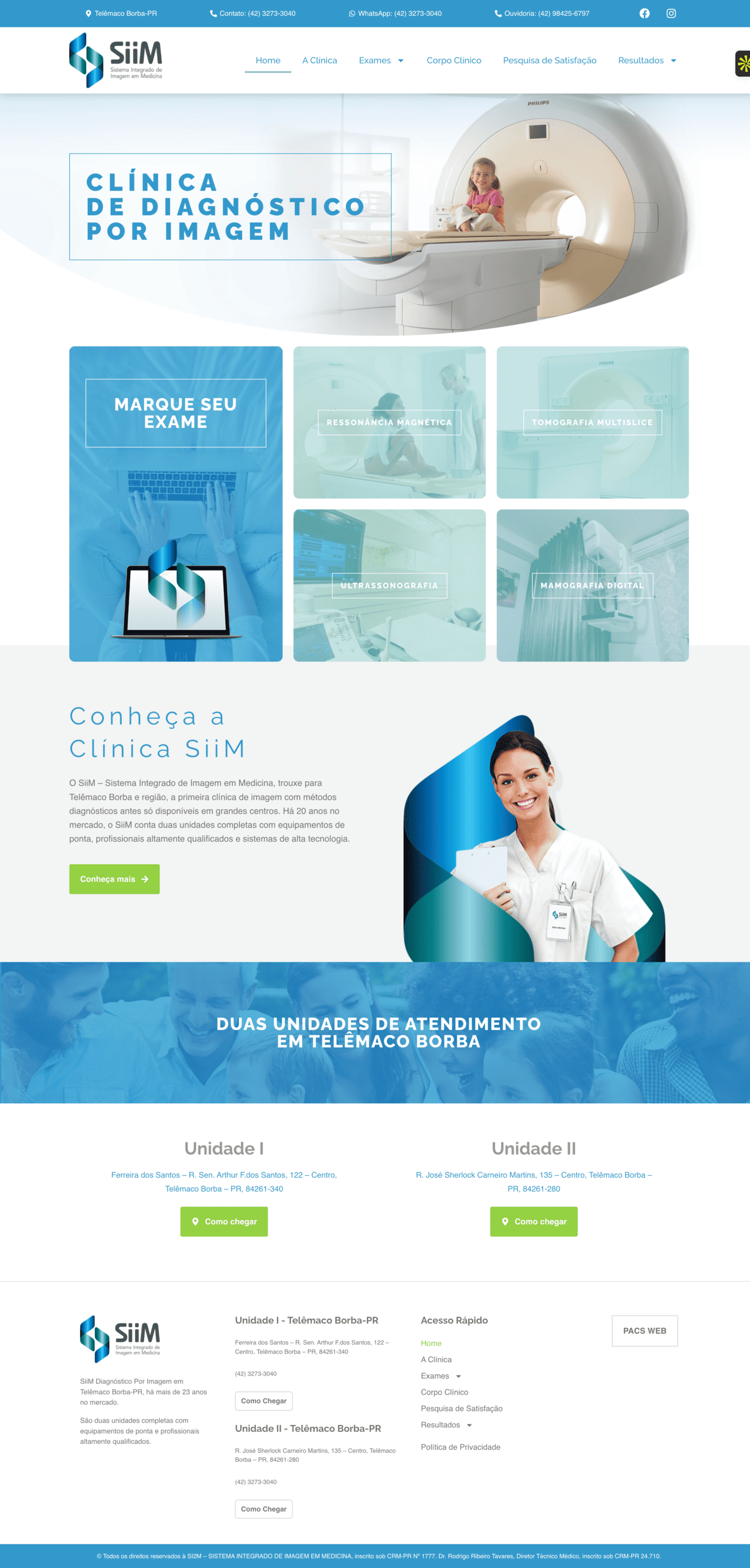 Página completa do site da Clínica SiiM com exames, apresentação institucional e unidades de atendimento